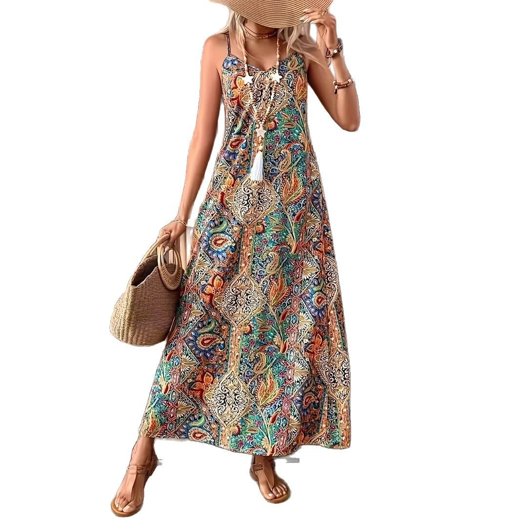 Women's Bohemian V-Neck Sleeveless A-Line Maxi Dress Floral Print