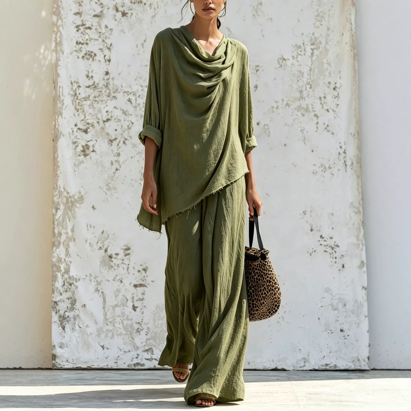 Women's Long Sleeve Frayed Trim Top & Wide Leg Pants Casual Set
