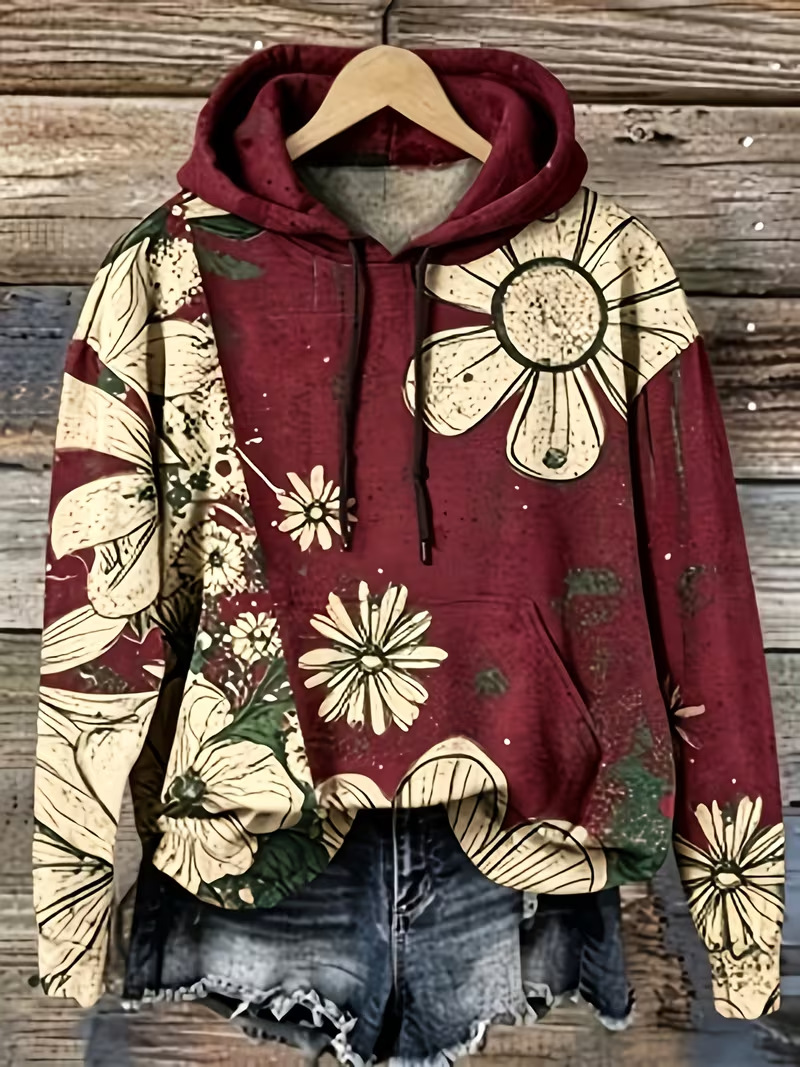 Floral Petal Print Women's Casual Hoodie