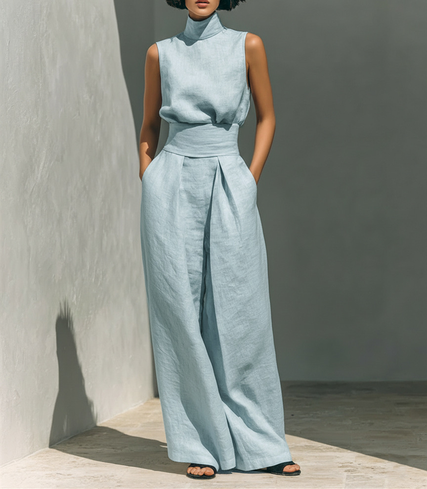 Cotton-Linen Sleeveless Top and Pants Casual Set
