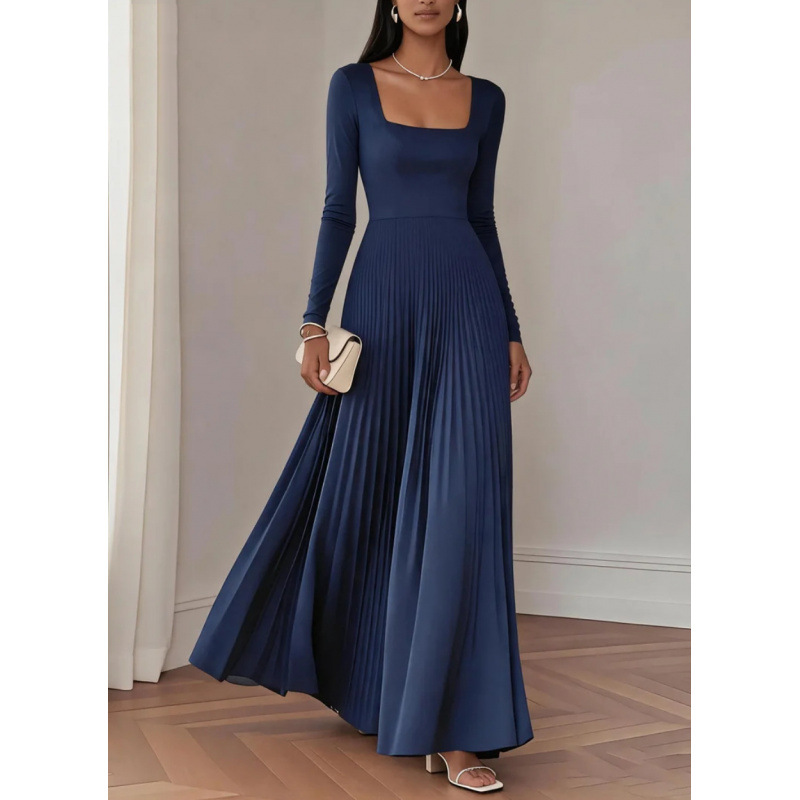 Square Neck Long Sleeve Pleated Maxi Dress Waist-Cinched Evening Gown