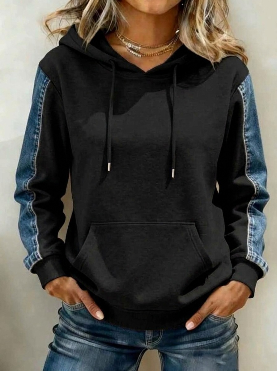 Women's Denim Print Patchwork Hooded Drawstring Sweatshirt