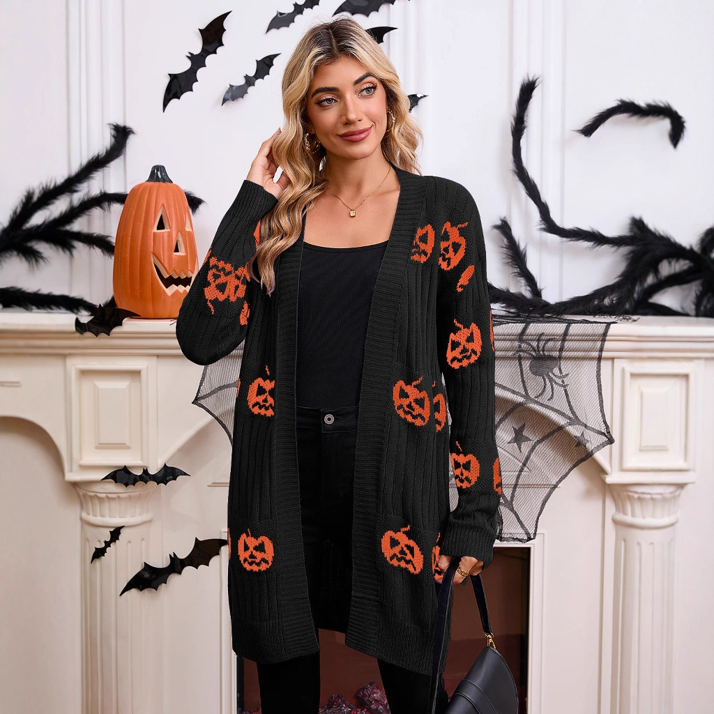 Halloween Pumpkin Jacquard Knit Cardigan Sweater for Women