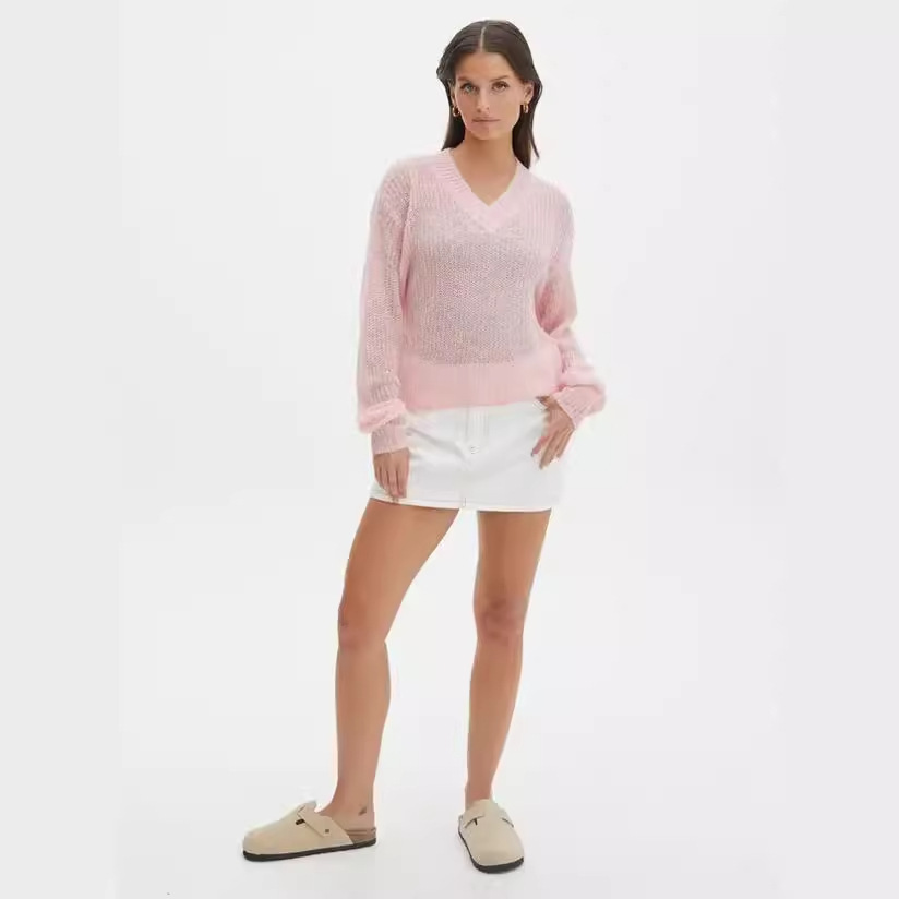 Women's Sheer V-Neck Long-Sleeve Top in Solid Colors