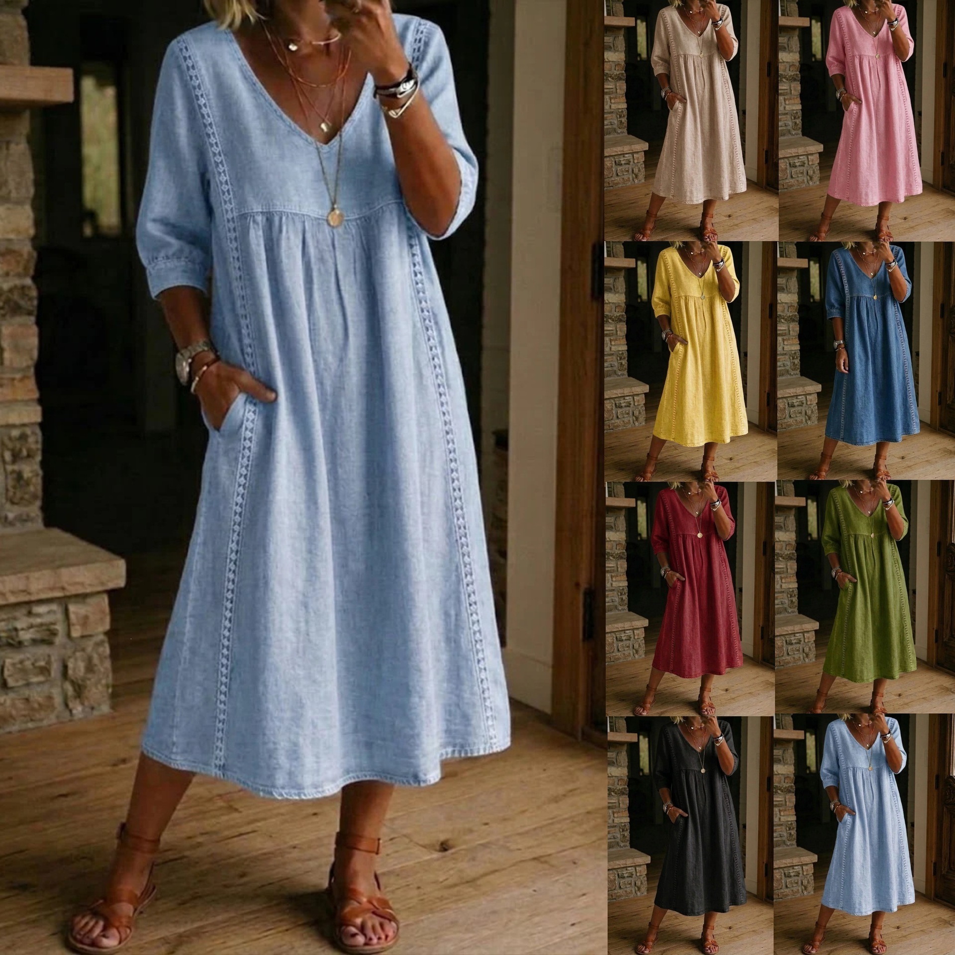 2026 Amazon New Summer European American Cotton Linen V-Neck Loose Slimming Seven-Tenths Sleeve Midi Women's Dress