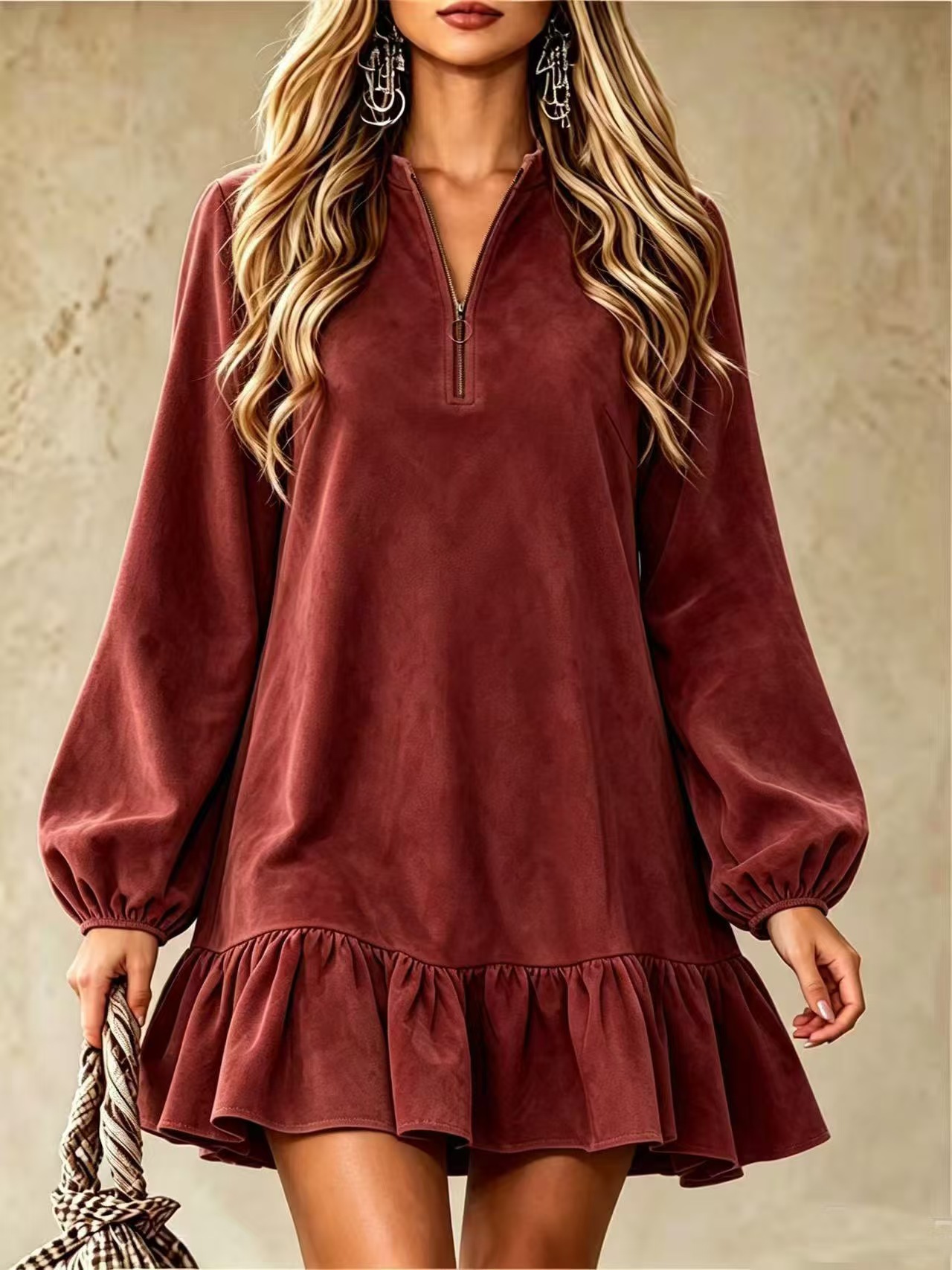 Women's Loose Long Sleeve V-Neck Mini Dress