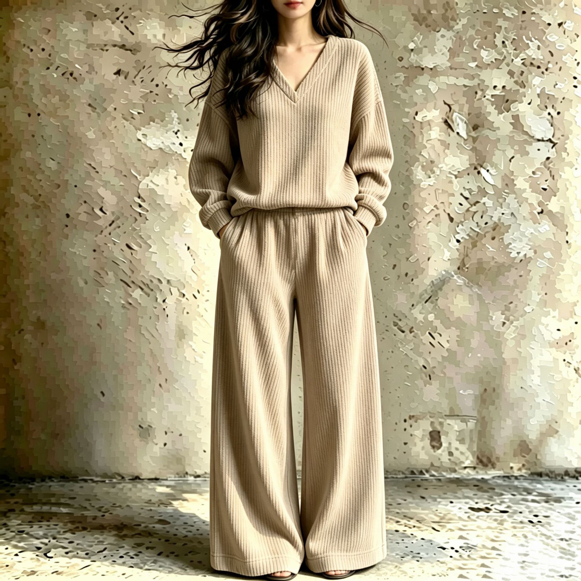 Women's V-Neck Ribbed Knit Two-Piece Lounge Set Long Sleeve Top and Pants