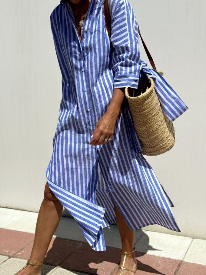 Women's Striped Button-Front Shirt Dress with Collar and Short Sleeves