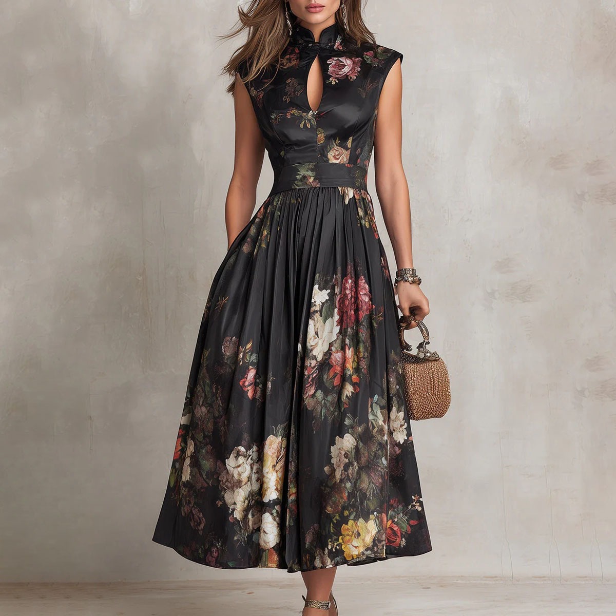 Elegant Printed Qipao-Collar A-Line Maxi Dress