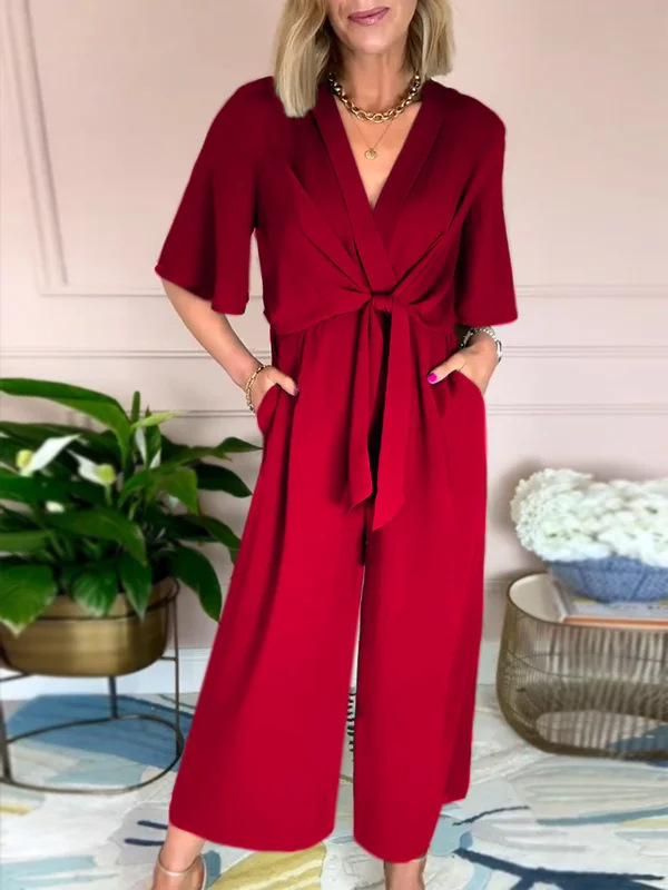 Women's Solid V-Neck Tie Short Sleeve Jumpsuit