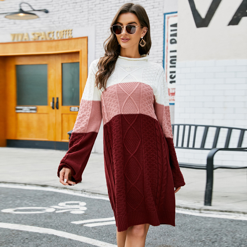 Women's Casual Loose Crewneck Long Knit Sweater Dress Colorblock Long Sleeve