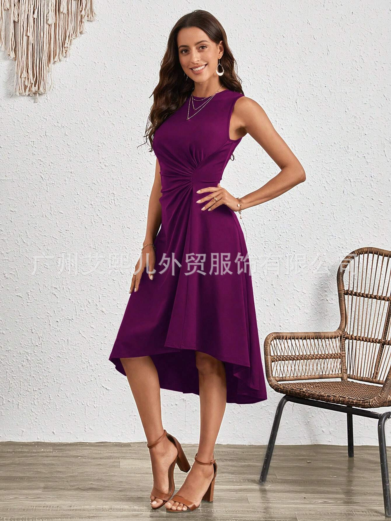 Women's Sleeveless Solid A-Line Pleated Midi Dress