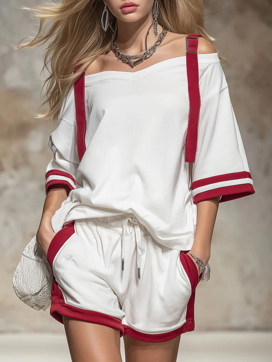 Women's Off-Shoulder Colorblock T-Shirt Set Casual Summer