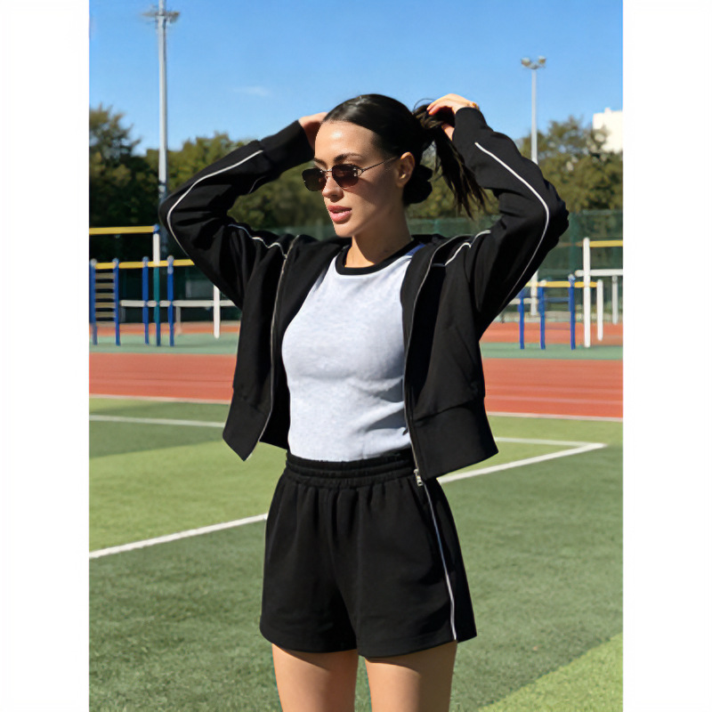 Striped Two-Piece Lounge Set with Zip-Up Collared Top and Elastic Shorts