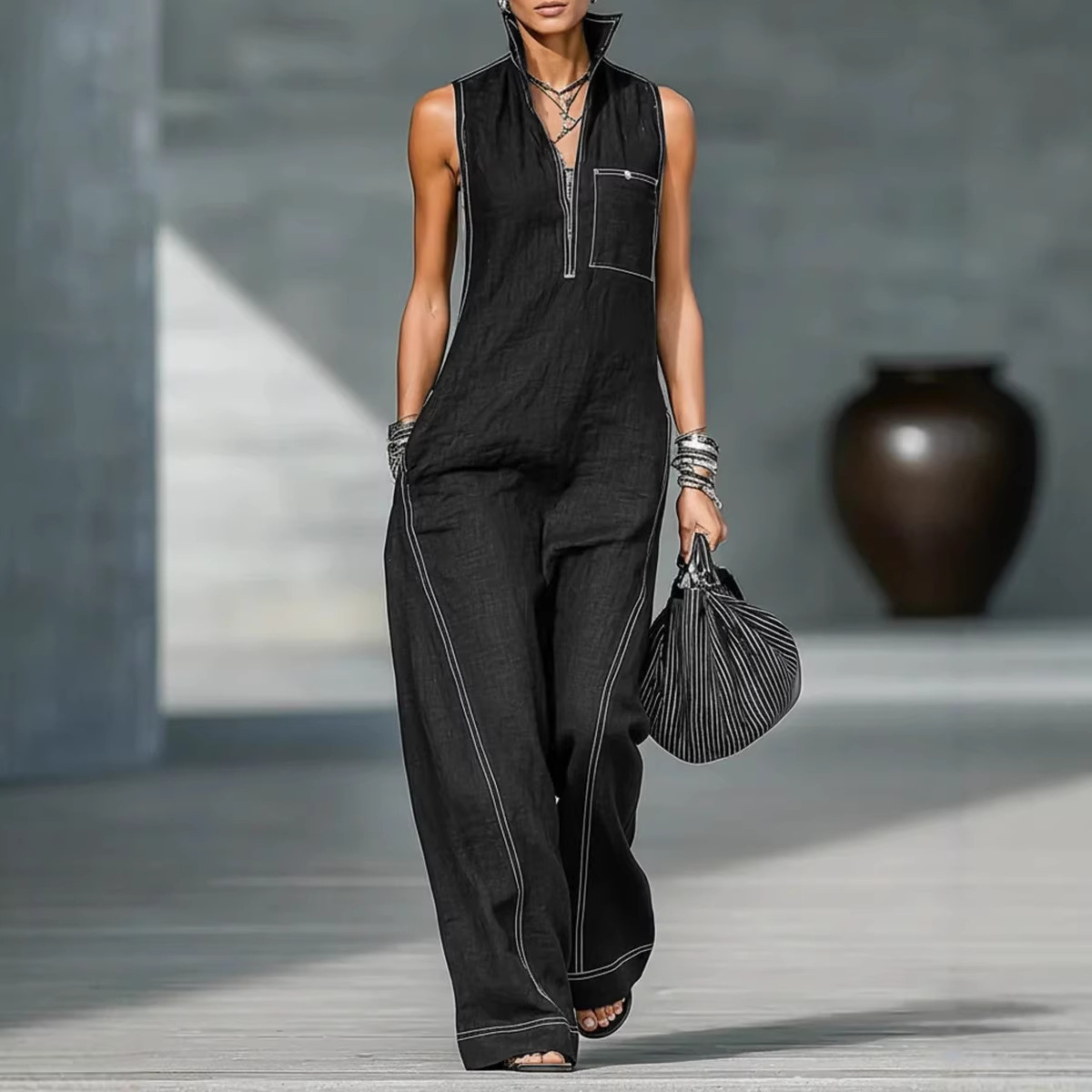 Women's Sleeveless Stand Collar Wide-Leg Jumpsuit
