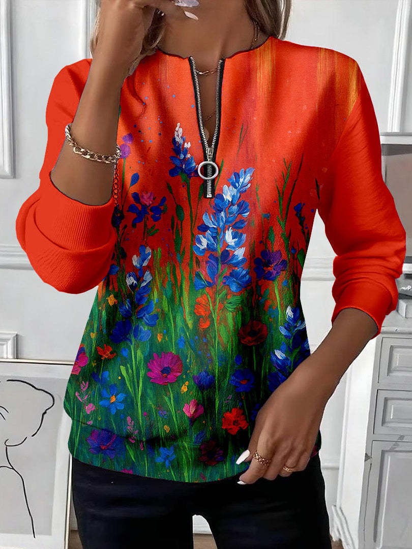 Women's Boho Print Long Sleeve Zip-Up Sweatshirt Casual Top