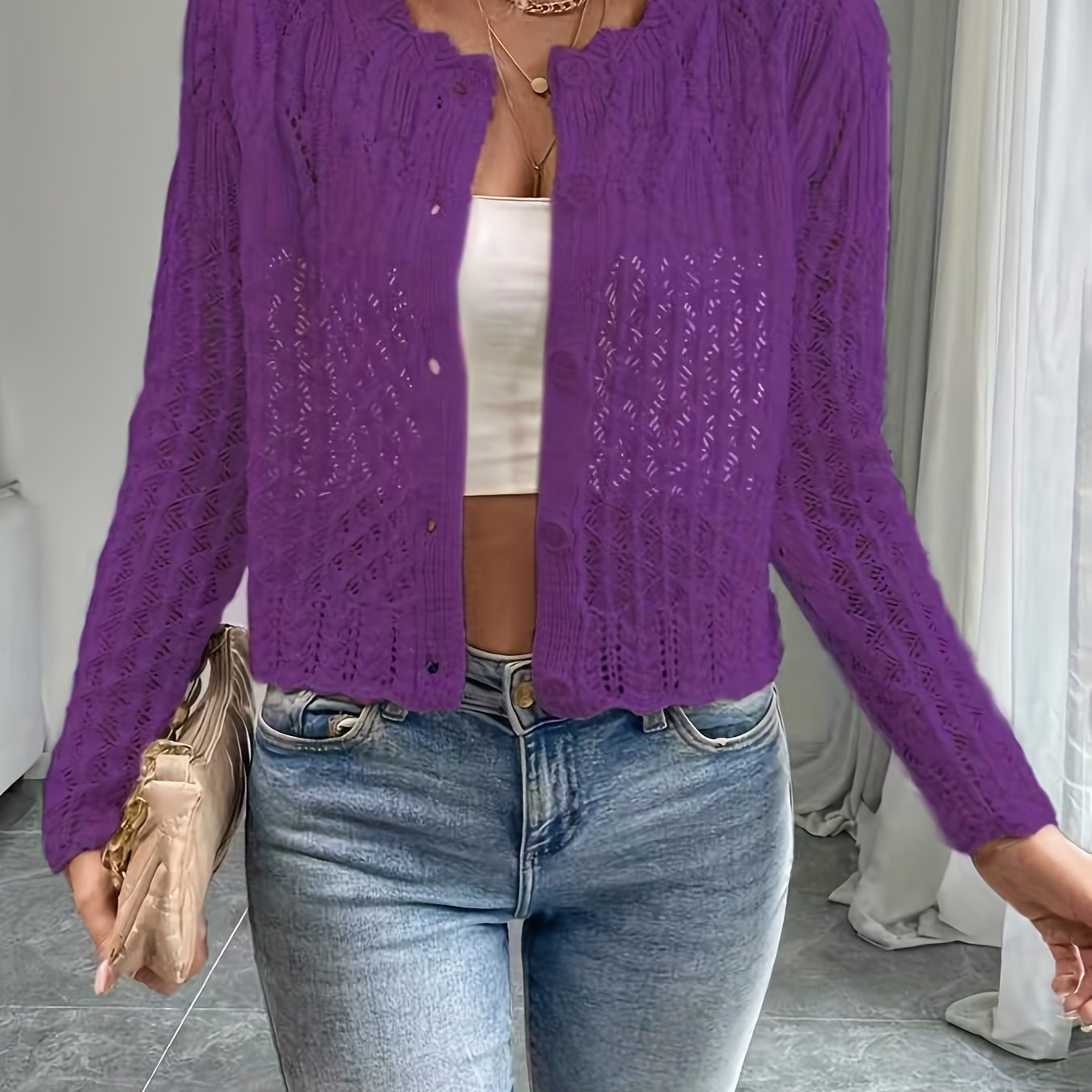 Women's Lightweight Floral Lace Cardigan Long Sleeve Knit Top