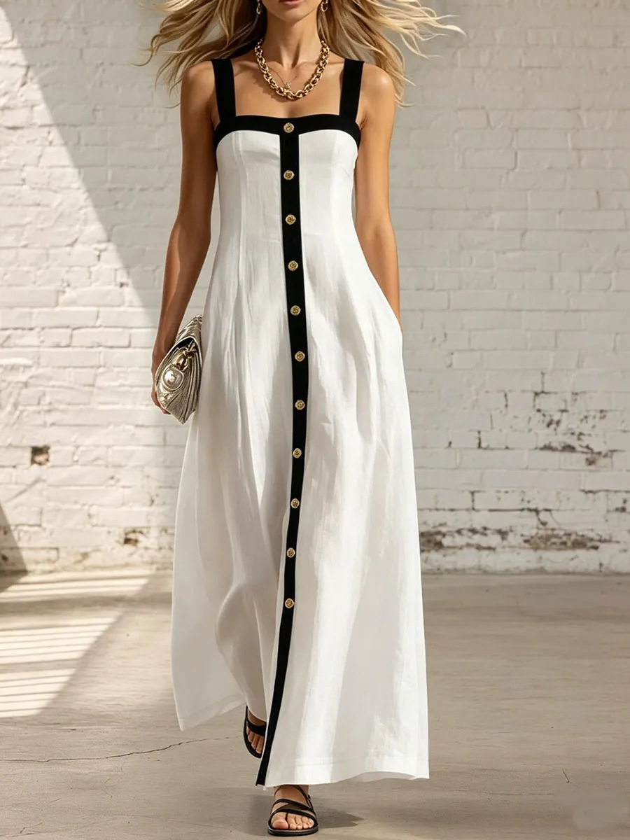 Women's Color-Block Black-Trim Square-Neck Button-Front Sleeveless Maxi Dress