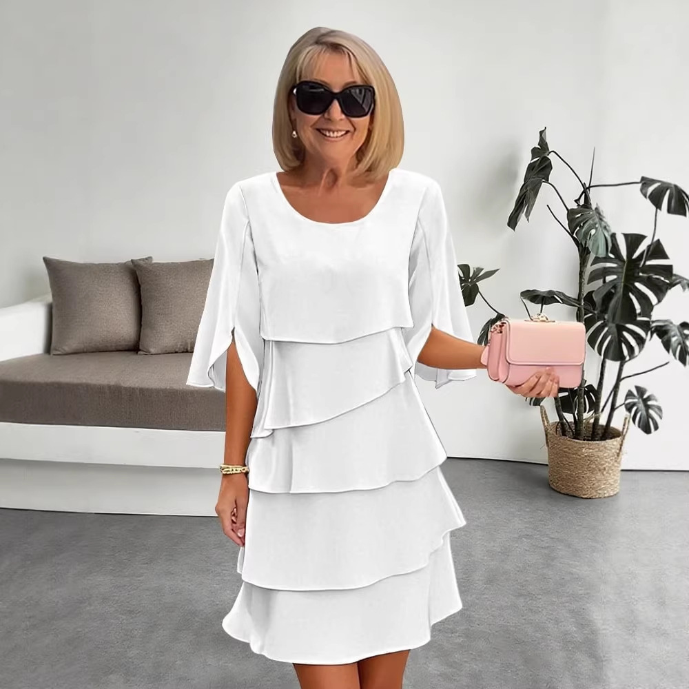 Women's Solid Color Round Neck Tiered Ruffle Dress