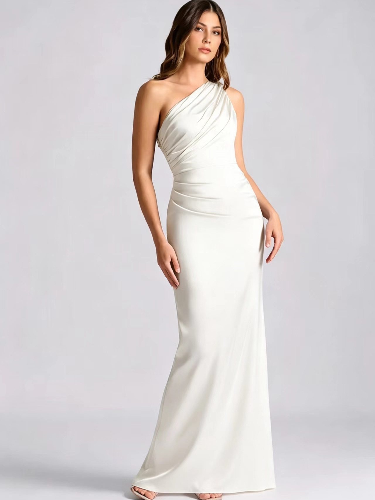 One-Shoulder Satin Evening Dress Asymmetric Long Gown