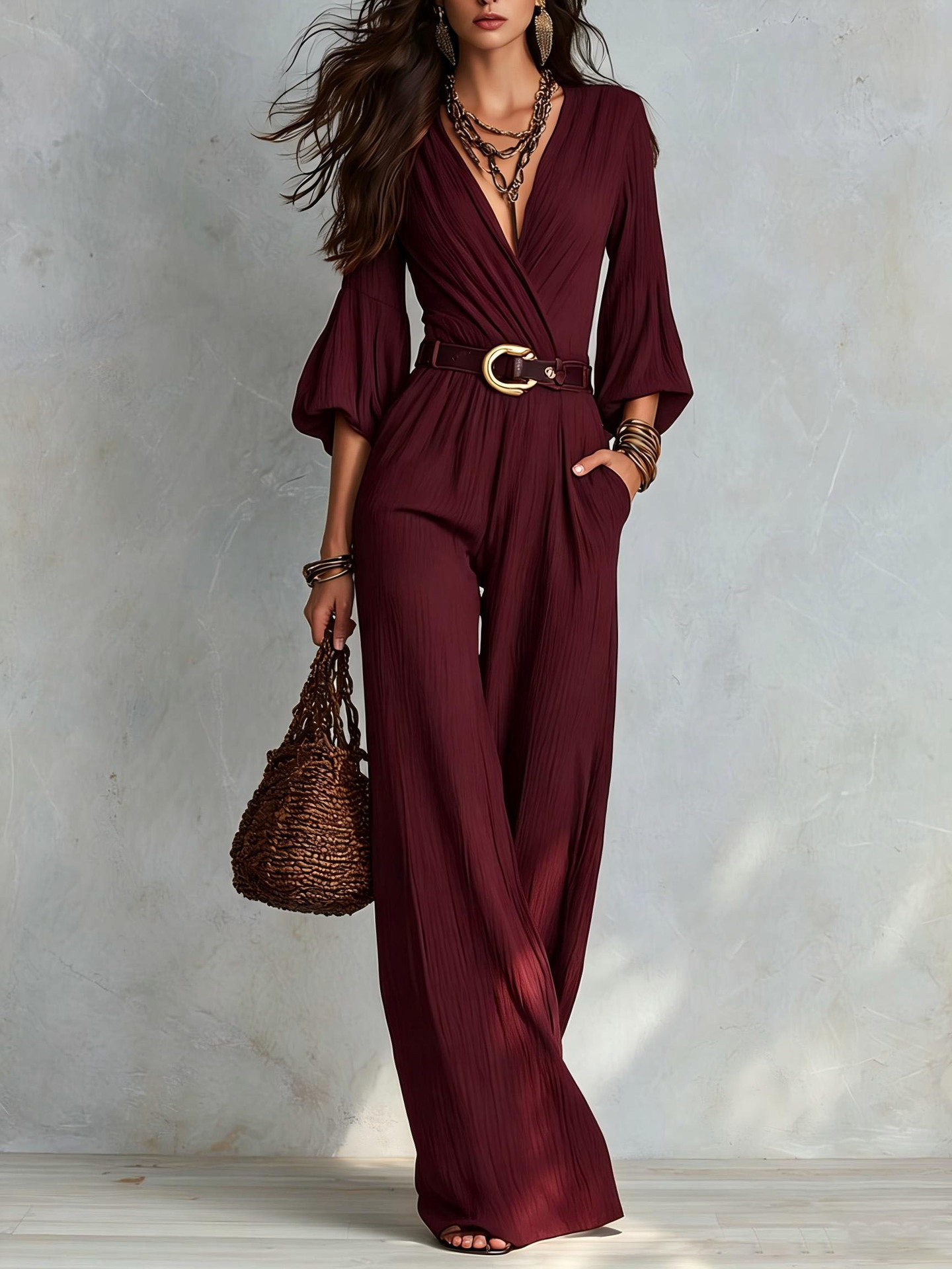 Puff Sleeve High-Waist Wide-Leg Jumpsuit with Belt