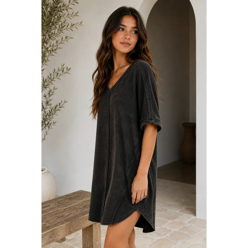 Ribbed V-Neck Loose Short Sleeve Casual Dress