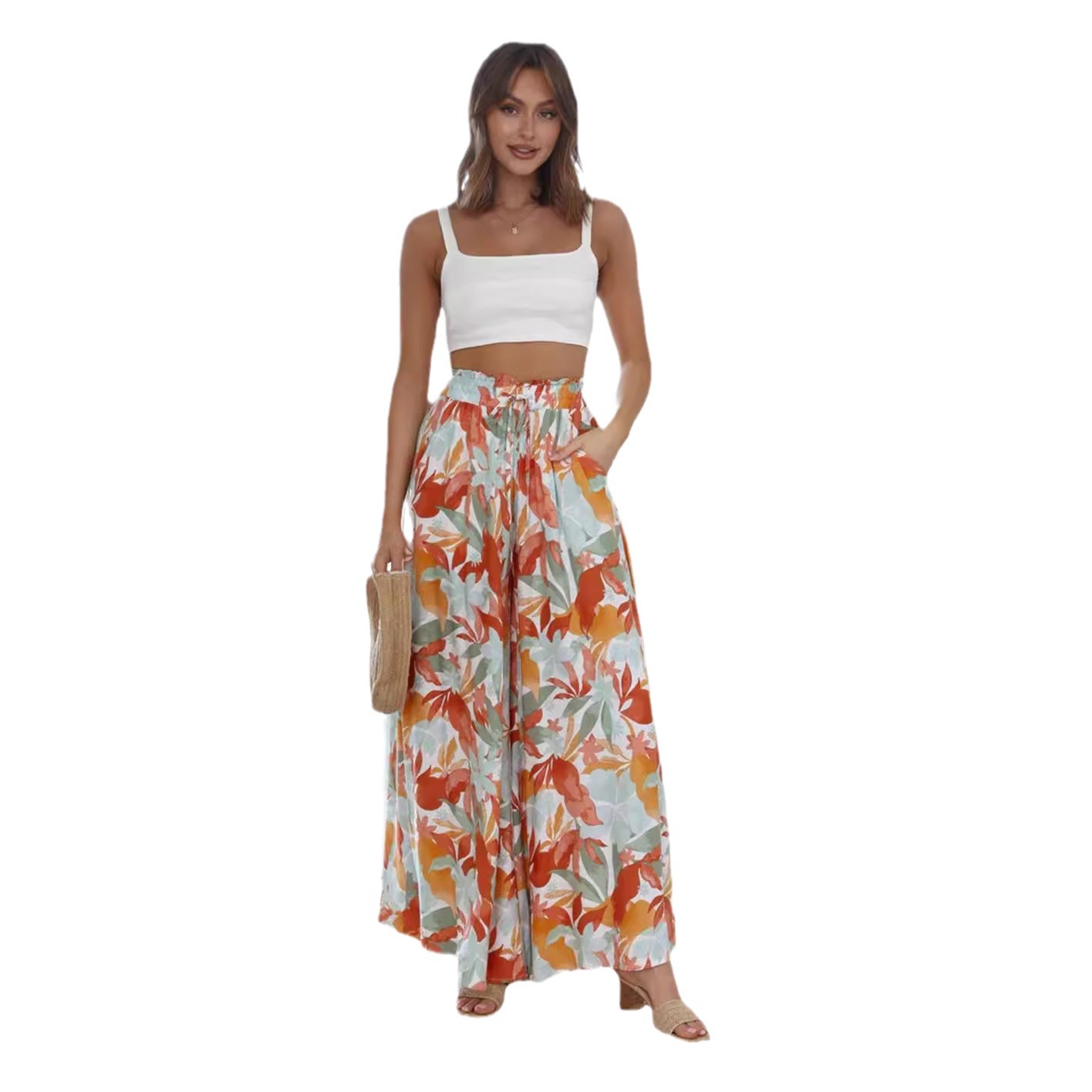 Printed Wide-Leg High-Waist Pants with Elastic Waist