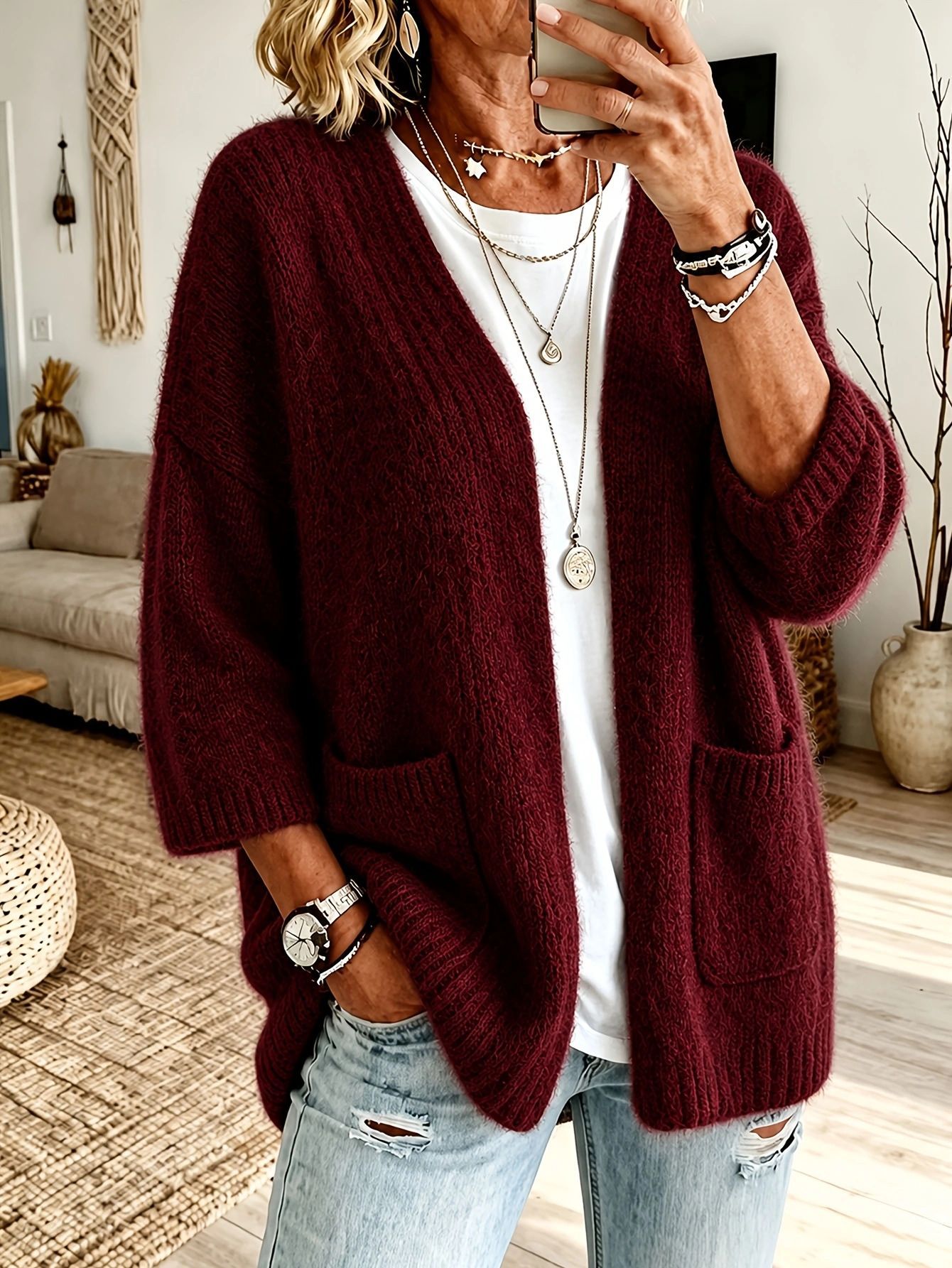 Soft Solid Knit Cardigan with Dual Pockets, Open Front, Long Sleeve