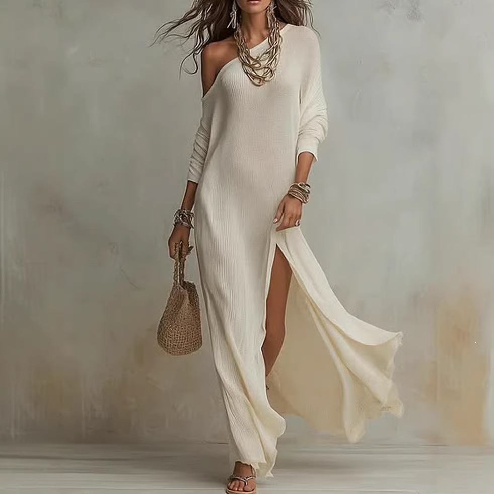 Elegant Long Sleeve Knit Pleated Slit Dress