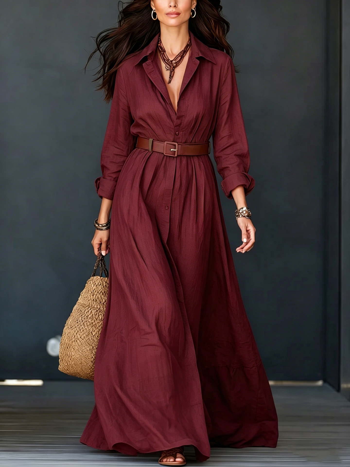 Women's Cotton-Linen Shirt Dress with Collar, Long Sleeves, Belted, Floor-Length