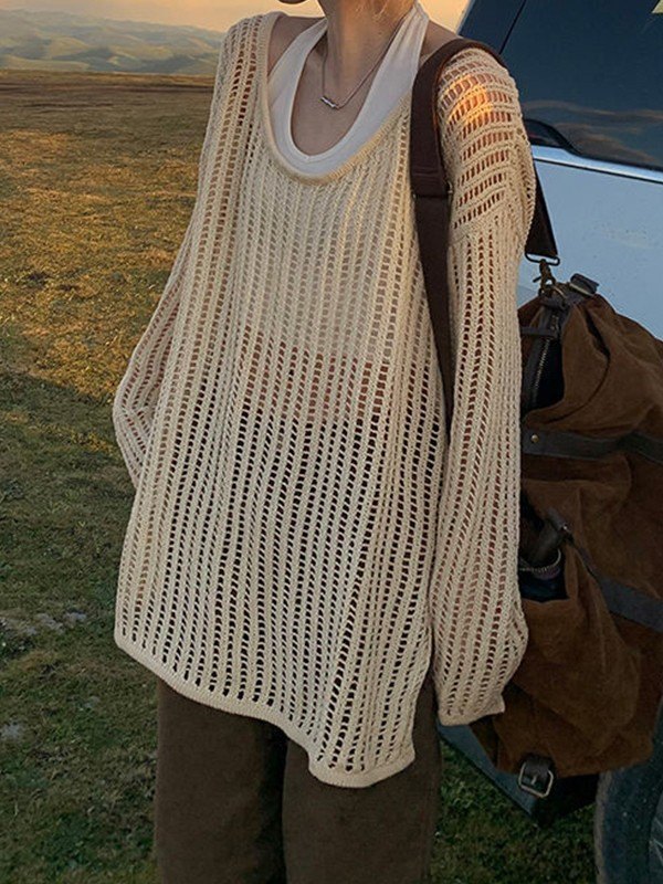 Women's Loose Hollow-Out Split Knit Top Round Neck