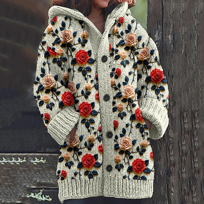 Women's Floral Puppy Rose Print Hooded Button Cardigan Sweater