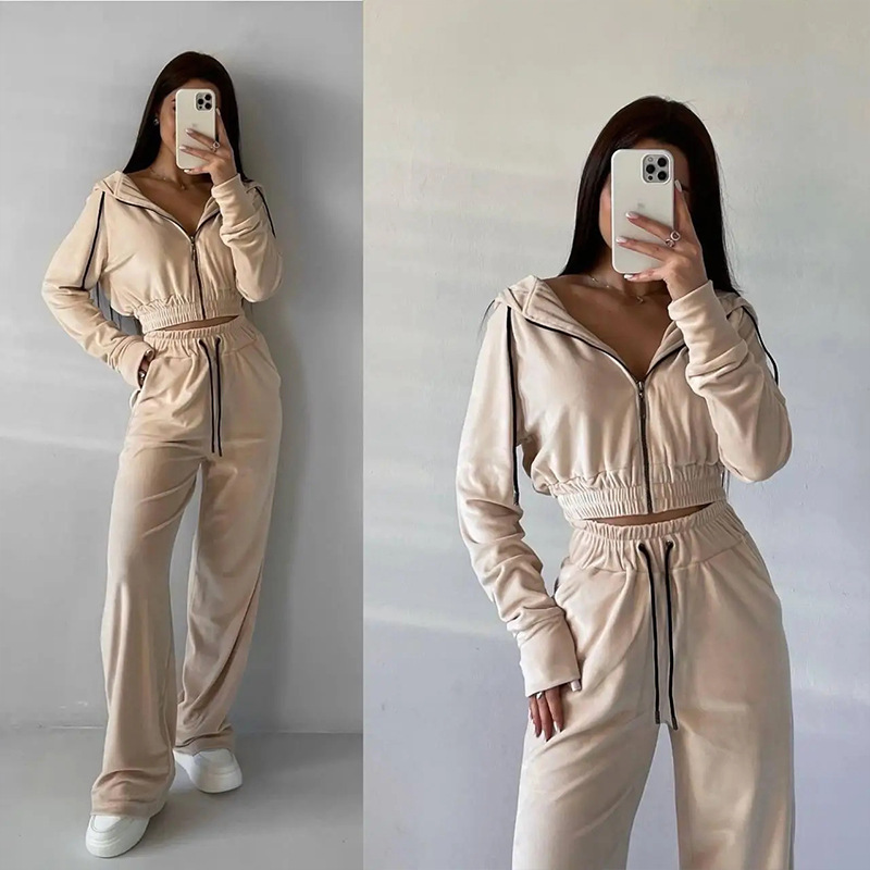 Women's Casual Solid Color Long Sleeve Zip Hoodie and Drawstring Pants Two-Piece Set