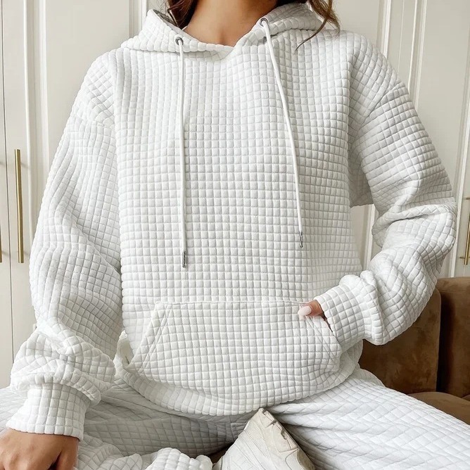 Women's Waffle Knit Crewneck Long-Sleeve Sweatshirt Solid Color