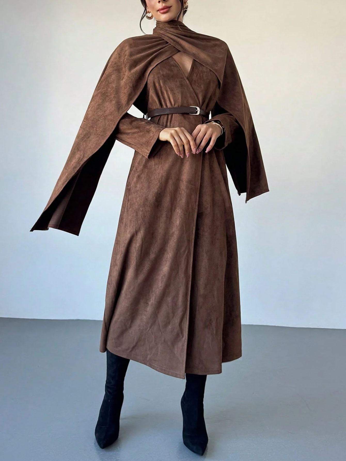 Solid Color Waist-Cinched Midi Dress with Batwing Sleeves