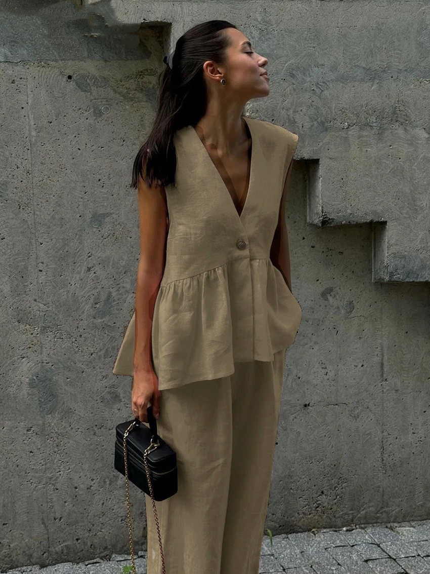 V-Neck Sleeveless Top and Pants Two-Piece Set Solid Color Commuter