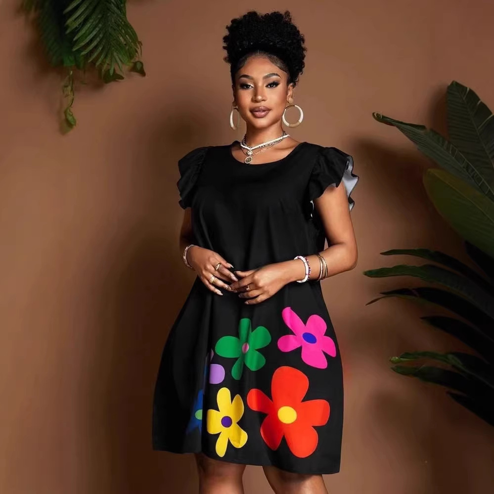 Women's Floral Print A-Line Dress with Round Neck and Ruffle Sleeves