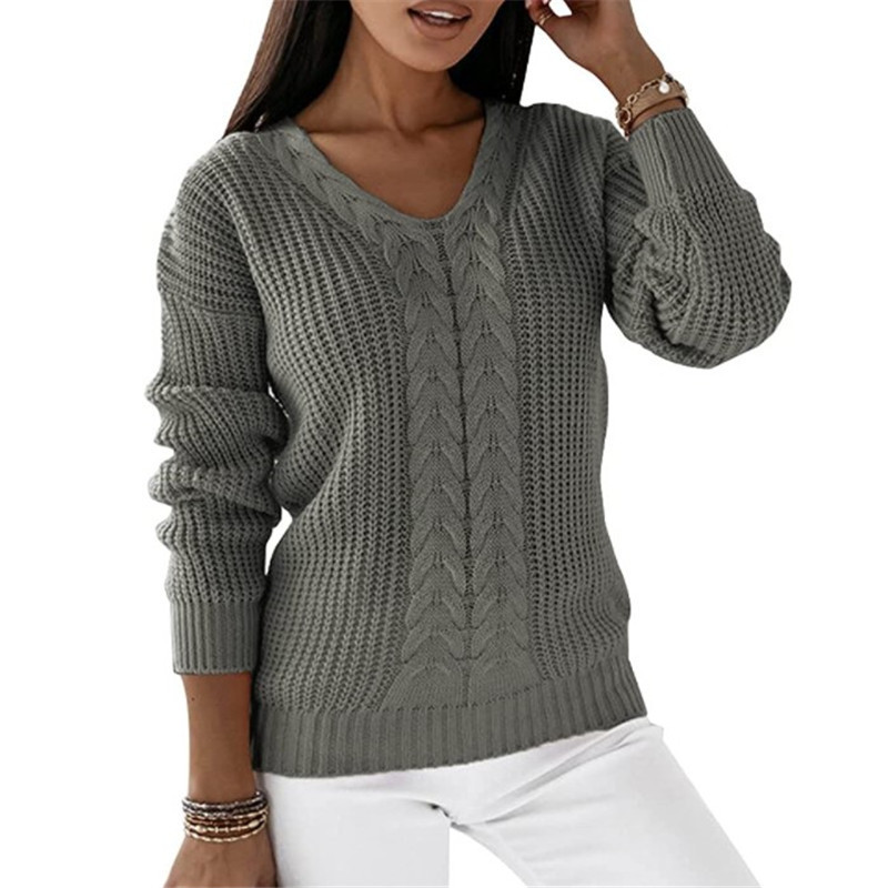 Women's V-Neck Cable Knit Pullover Sweater Long Sleeve Solid Color
