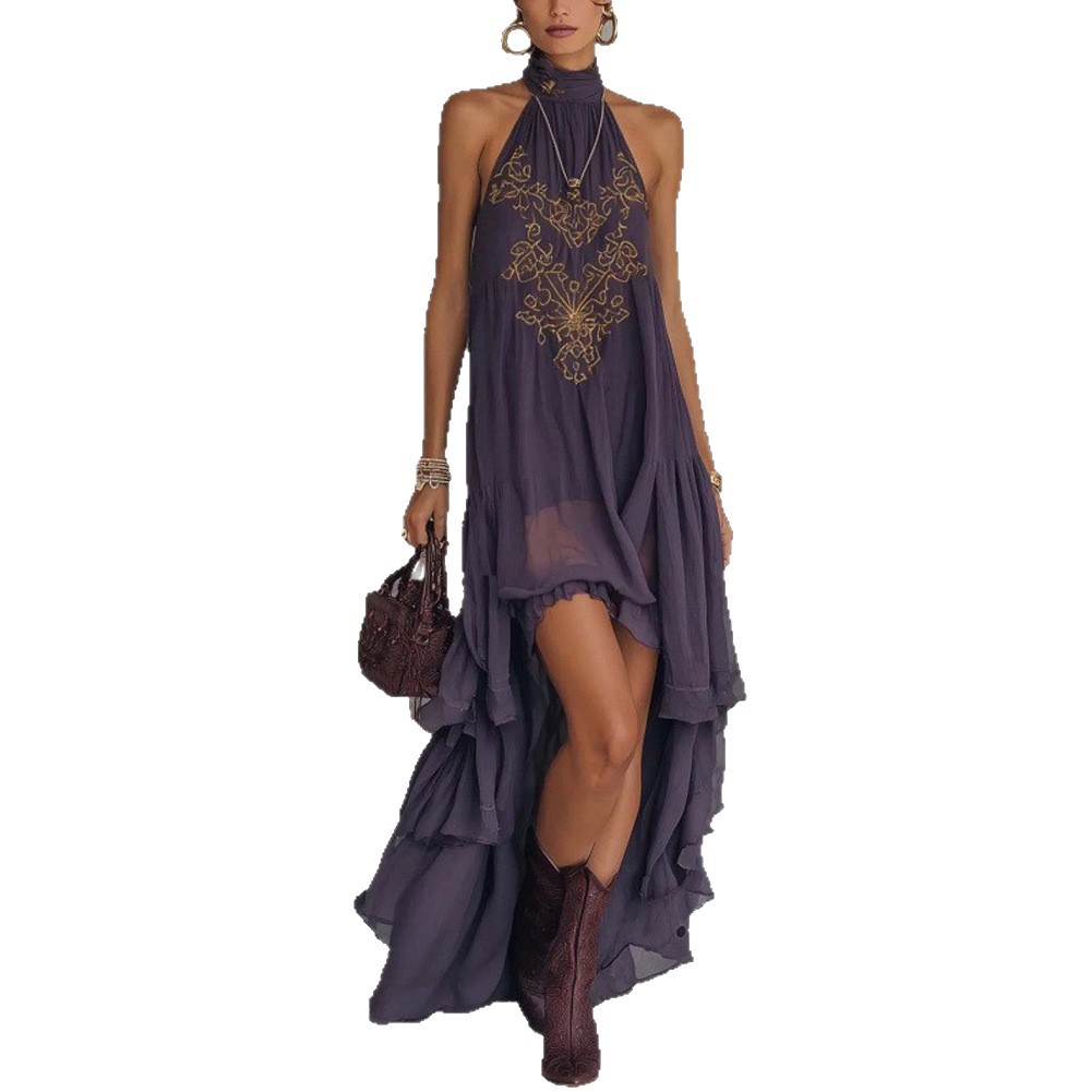 Purple High Neck Sleeveless Ruffle Maxi Dress