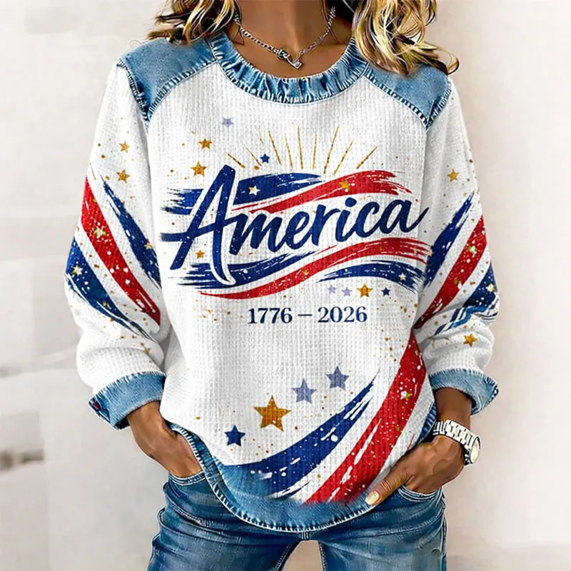 Women's Patriotic American Flag Print Crewneck Sweatshirt