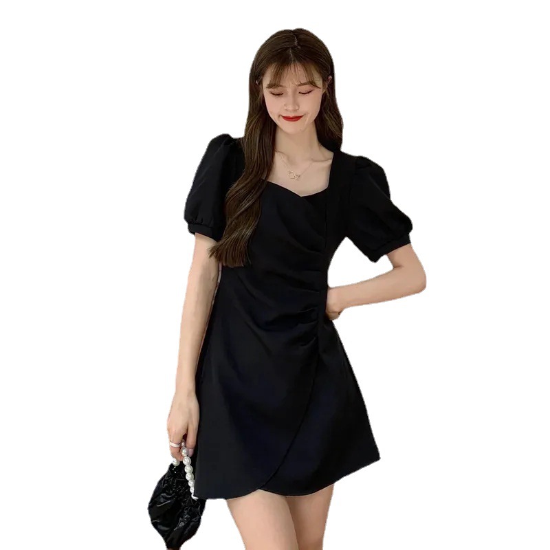 French Square Neck Ruched Puff Sleeve Asymmetric Dress Women's Slim Waist