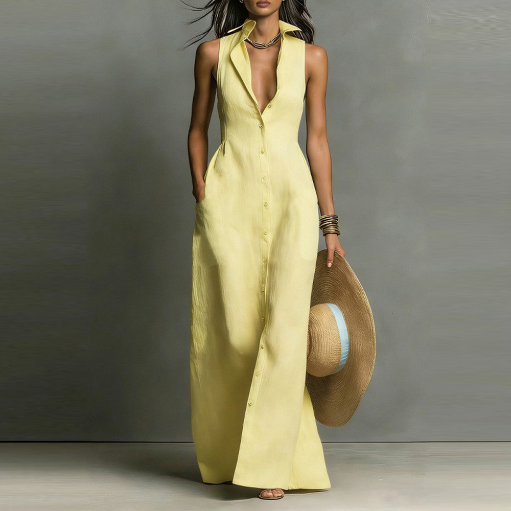 Sleeveless Button-Front Shirt Dress with Collar