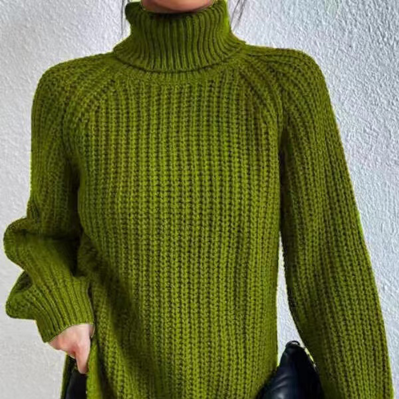 Women's High Neck Midi Knit Sweater with Raglan Sleeves and Side Slit