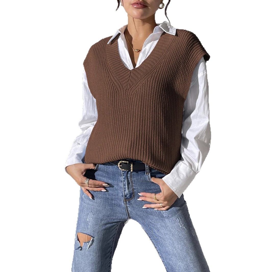 Women's V-Neck Sleeveless Sweater Vest Solid Color Knit Tank Top