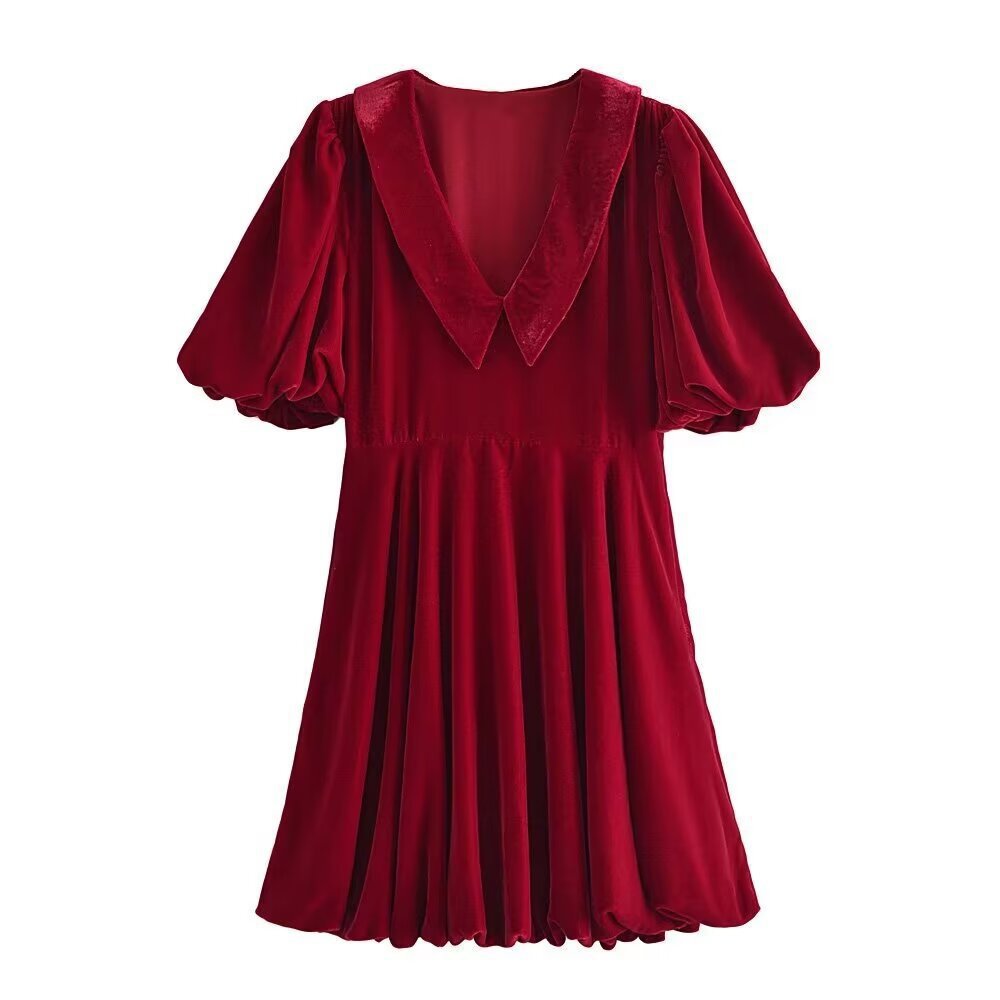 Velvet Puff Sleeve V-Neck A-Line Mini Dress