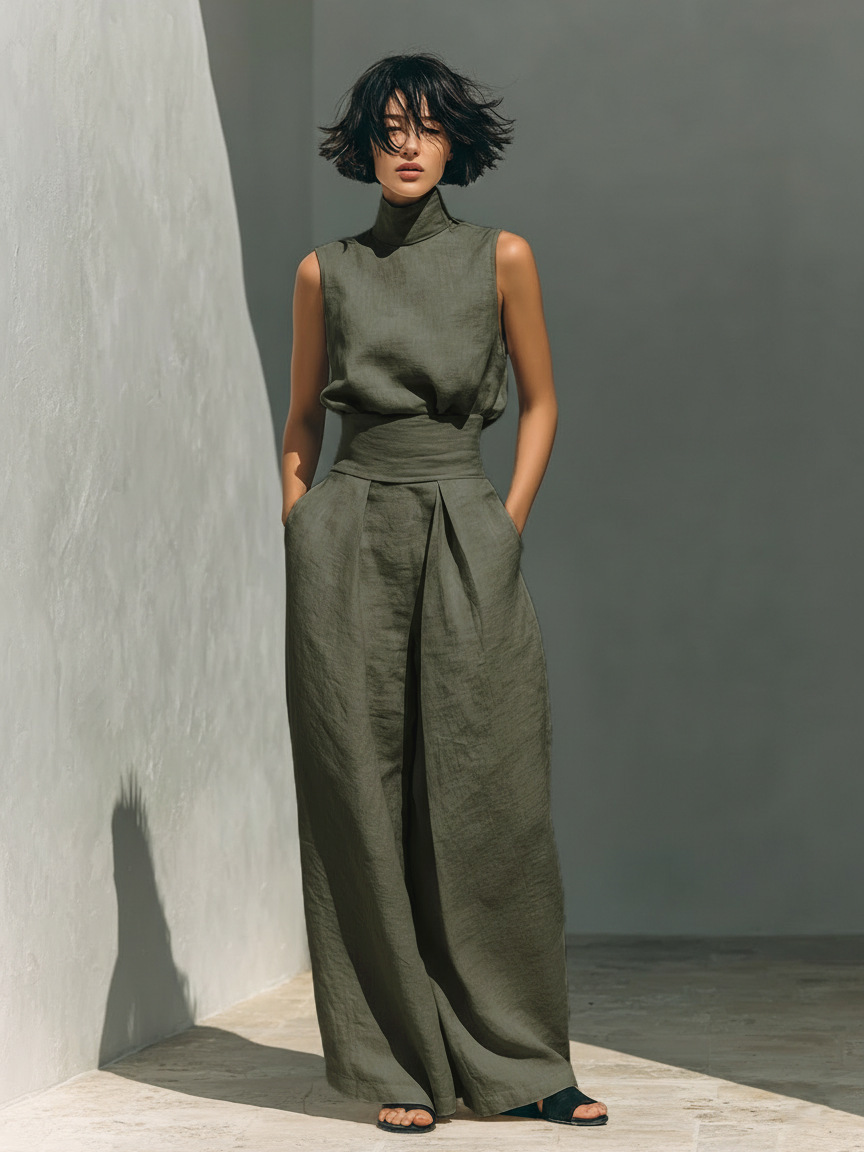 Women's Sleeveless Cotton-Blend Top & Wide-Leg Pants Set