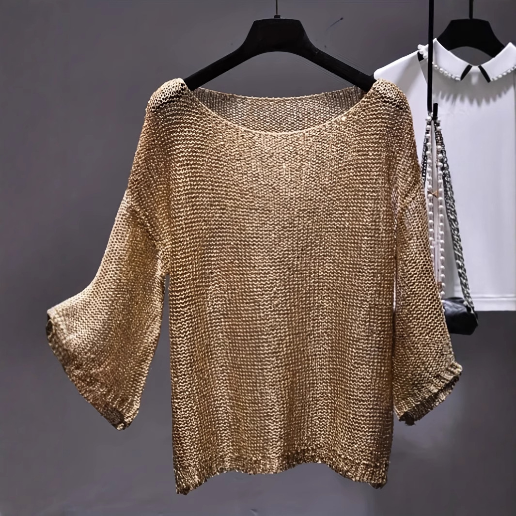 Women's Relaxed Fit Crewneck Knit Top - Loose Pullover, Gold & Rose Red