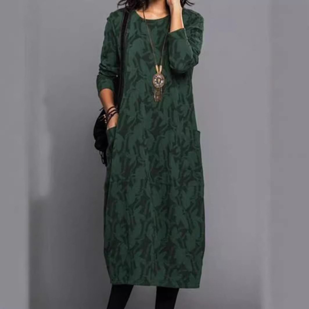 Women's Round Neck Long Sleeve Pocket Dress Casual Floral Print
