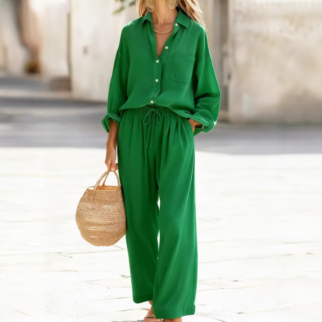 Women's Solid Color Faux Linen Long Sleeve Loose Top Set