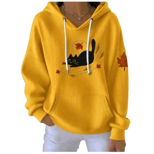 Women's Cat & Maple Leaf Print Casual Hoodie